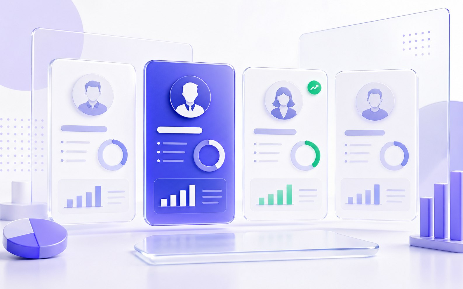 Illustration 3D de quatre cartes comparant les statuts professionnels et leurs impacts sur le salaire net.